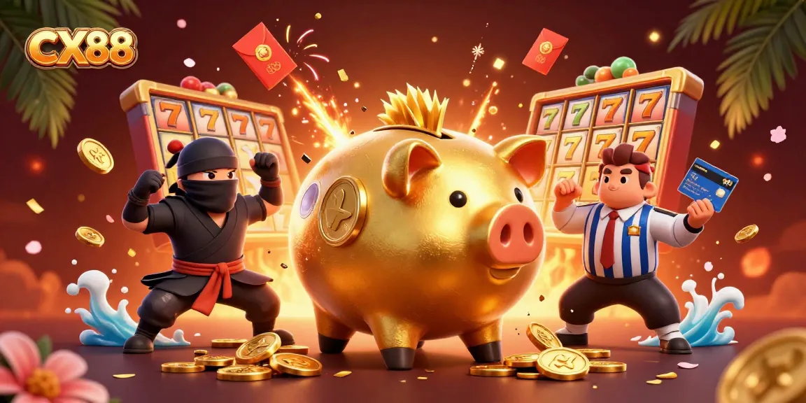Experience the excitement of CX88 with a golden piggy bank sumo wrestler and dynamic casino elements, celebrating wins.