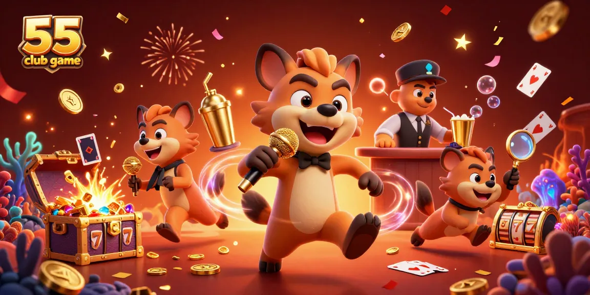 The 55 club game showcases hyenas in a vibrant casino scene with gold coins, slot reels, and festive decorations.