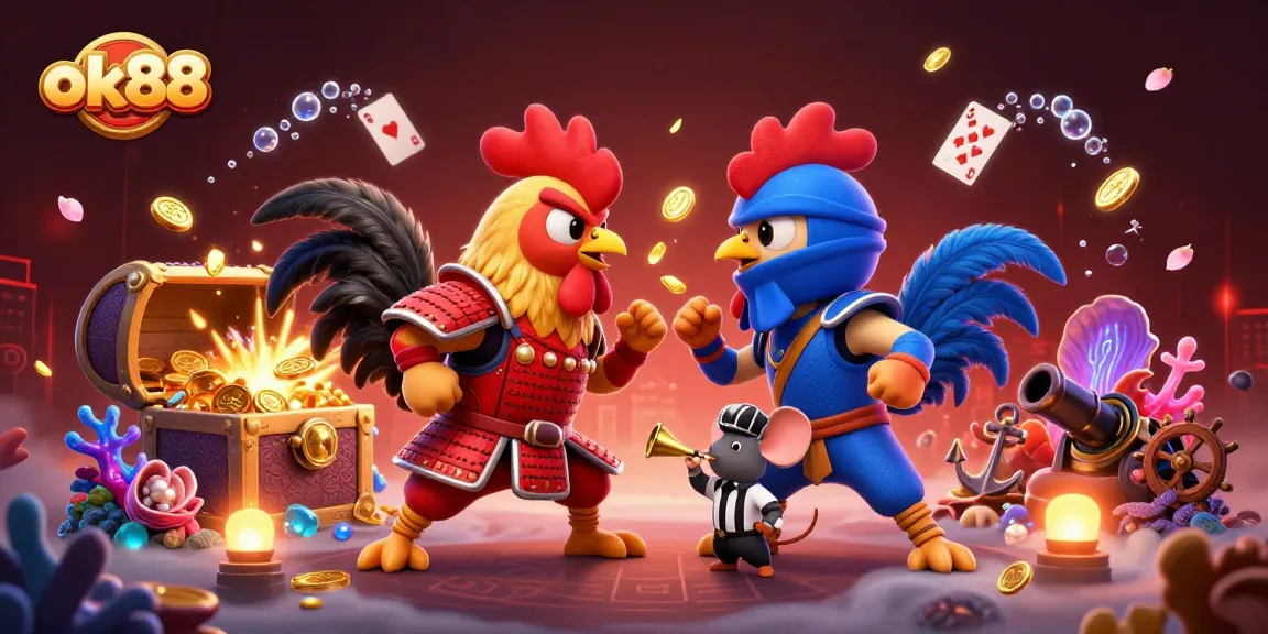 Experience thrilling action with ok88 as roosters duel in a vibrant casino setting filled with treasures.