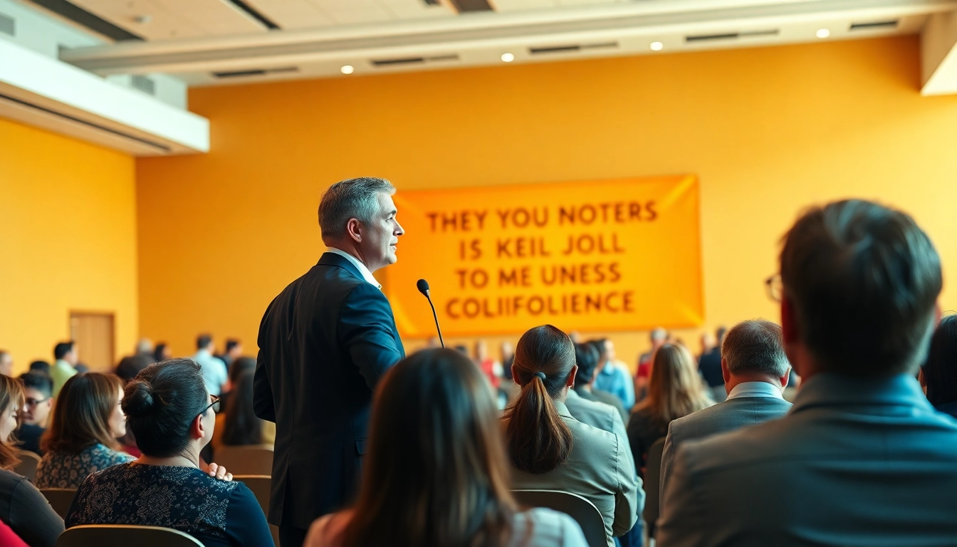 Engaging keynote speaker california business inspiring a diverse audience at a modern conference.