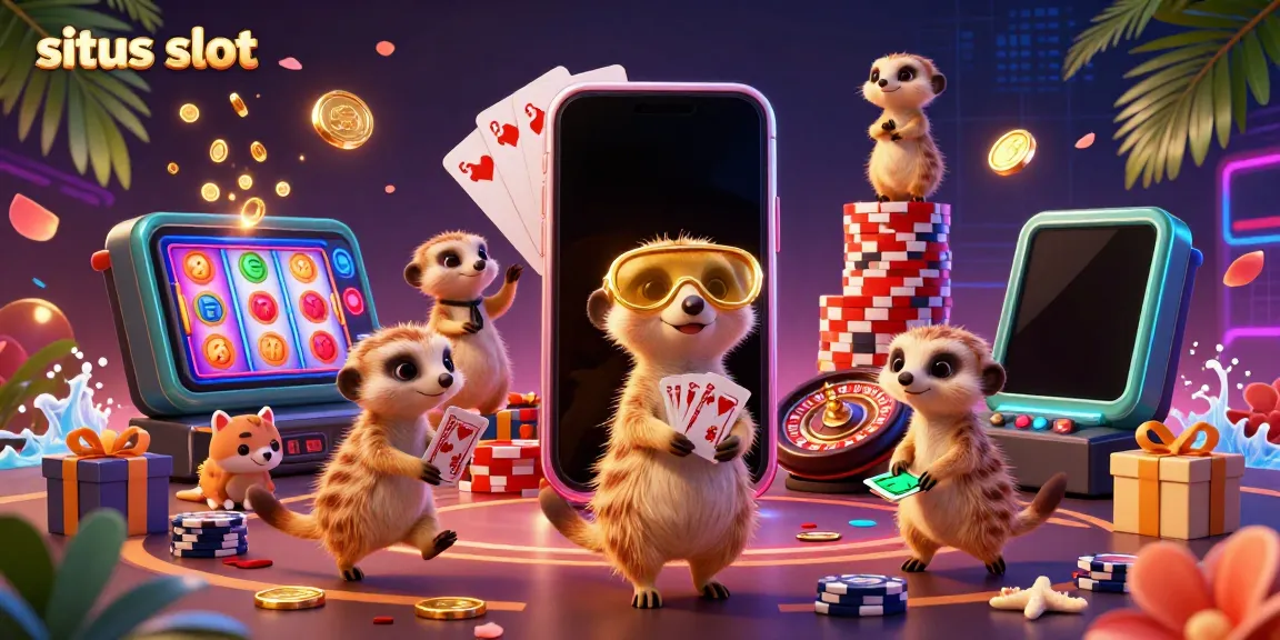Meerkat yang mengelola situs slot dengan elemen permainan kasino di sekitar, menghibur penonton.