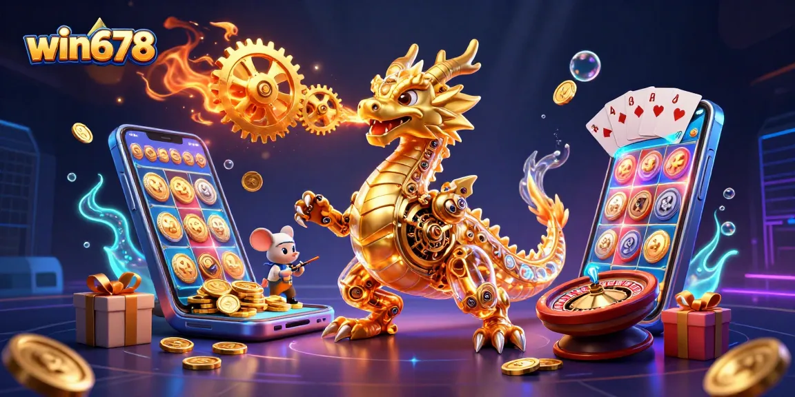 Experience the excitement at win678 with a golden dragon breathing gears amidst vibrant casino elements.