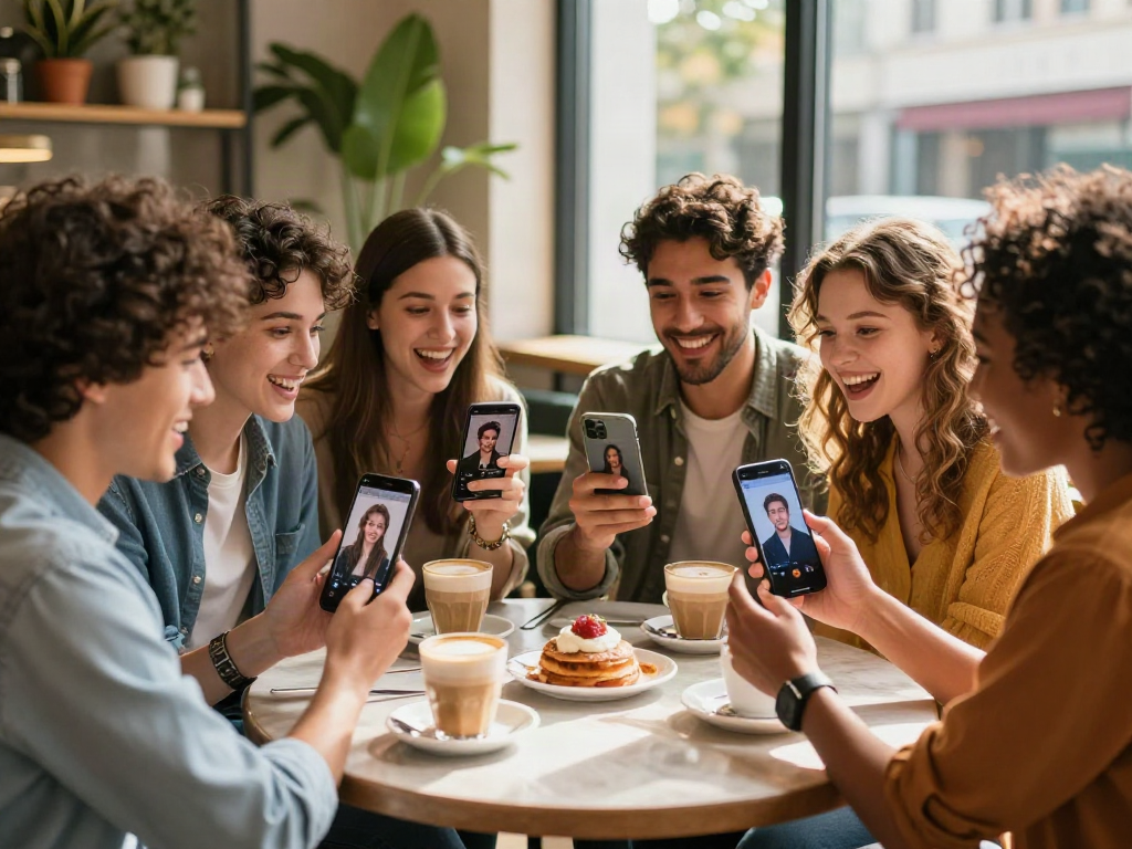Friends discovering celebs I look like using a mobile app in a cozy café.