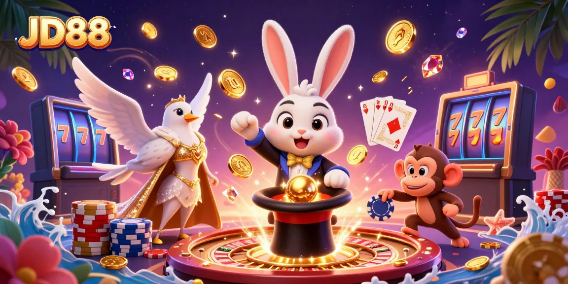 Experience the magical thrills of JD88 with a cartoon magician, coins, and casino glamour.