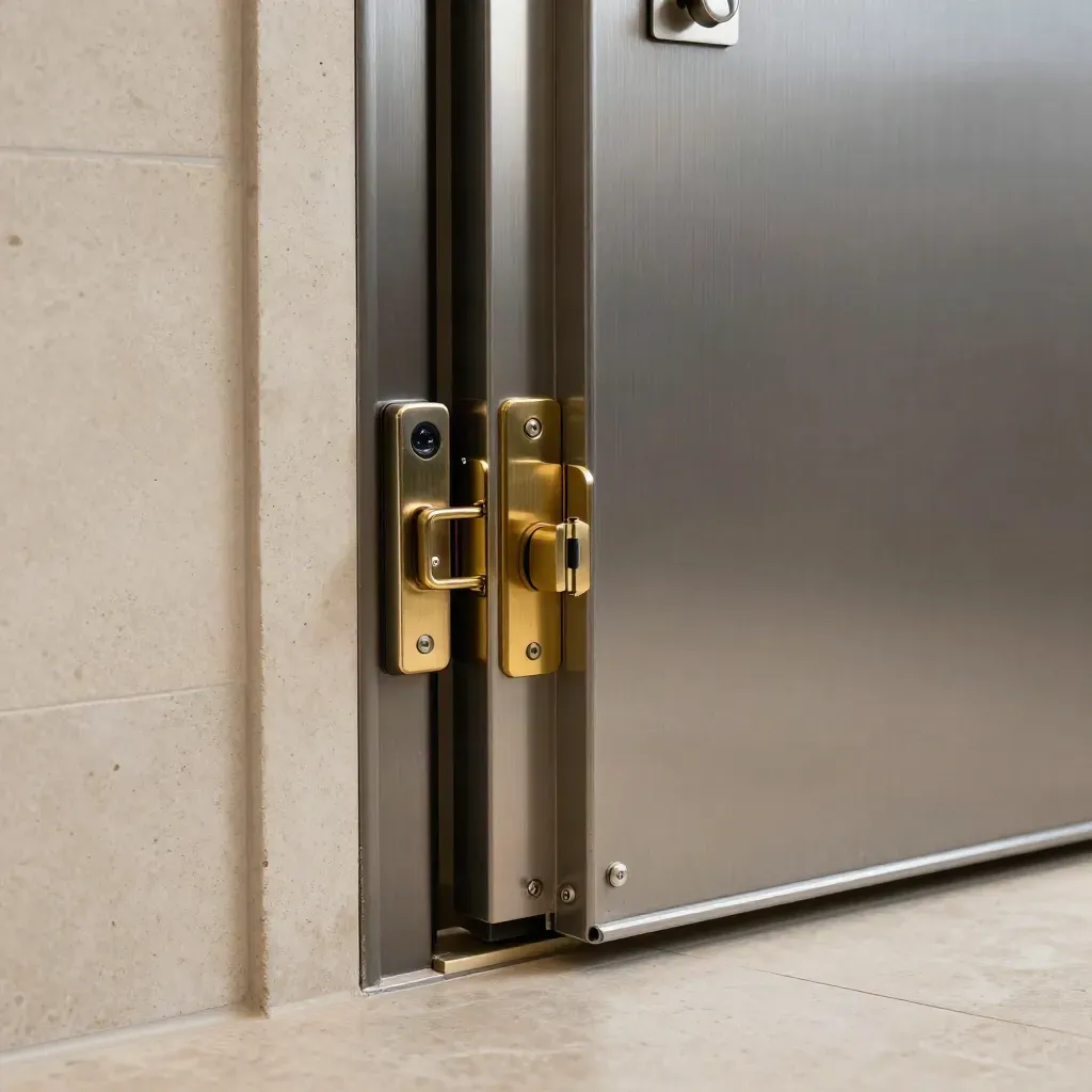 Vault door edge with biometric lock, keypad, extended bolts, and brass strike plate in a travertine threshold.