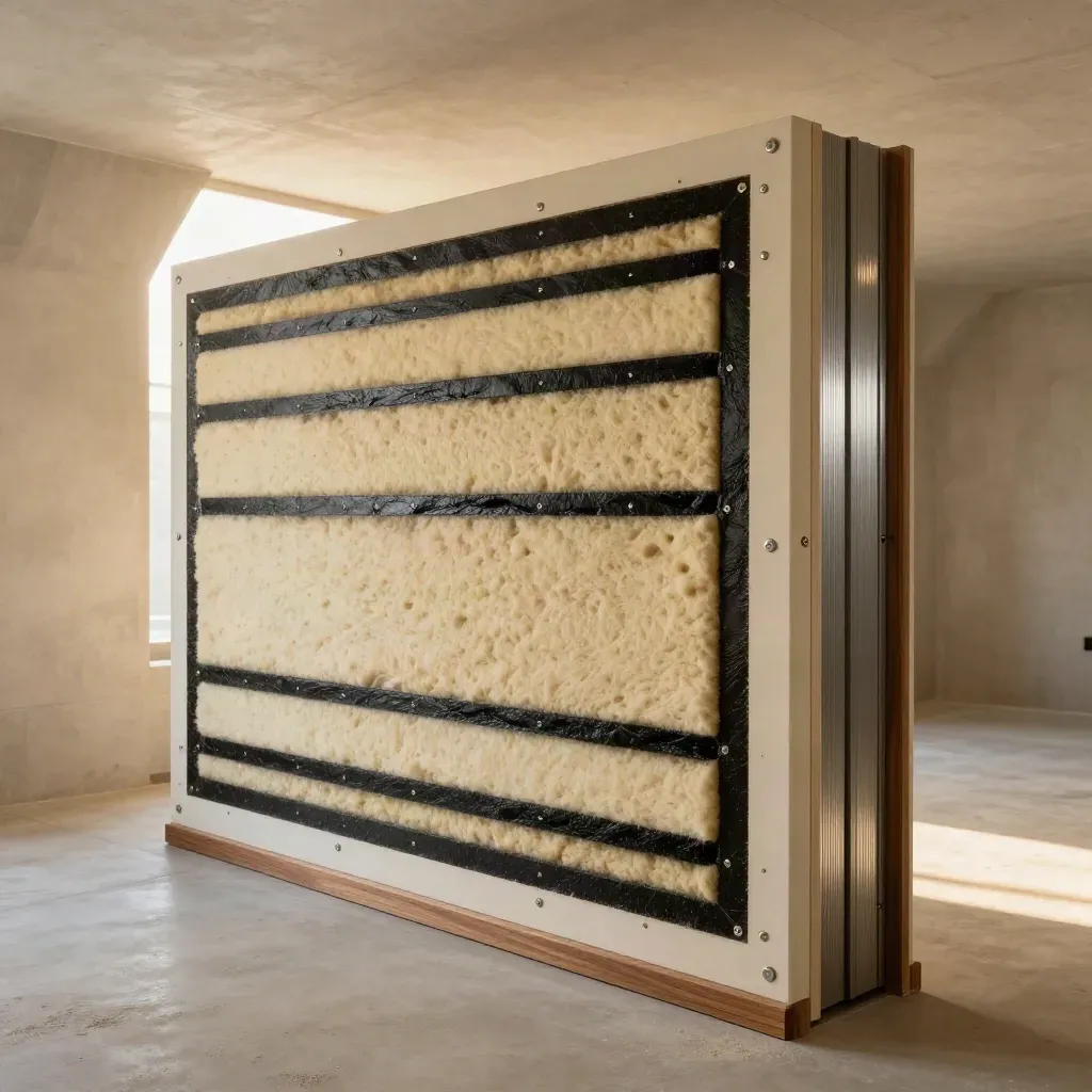 Cutaway vault wall showing fireproof lining layers, seals, and steel fasteners in dramatic light