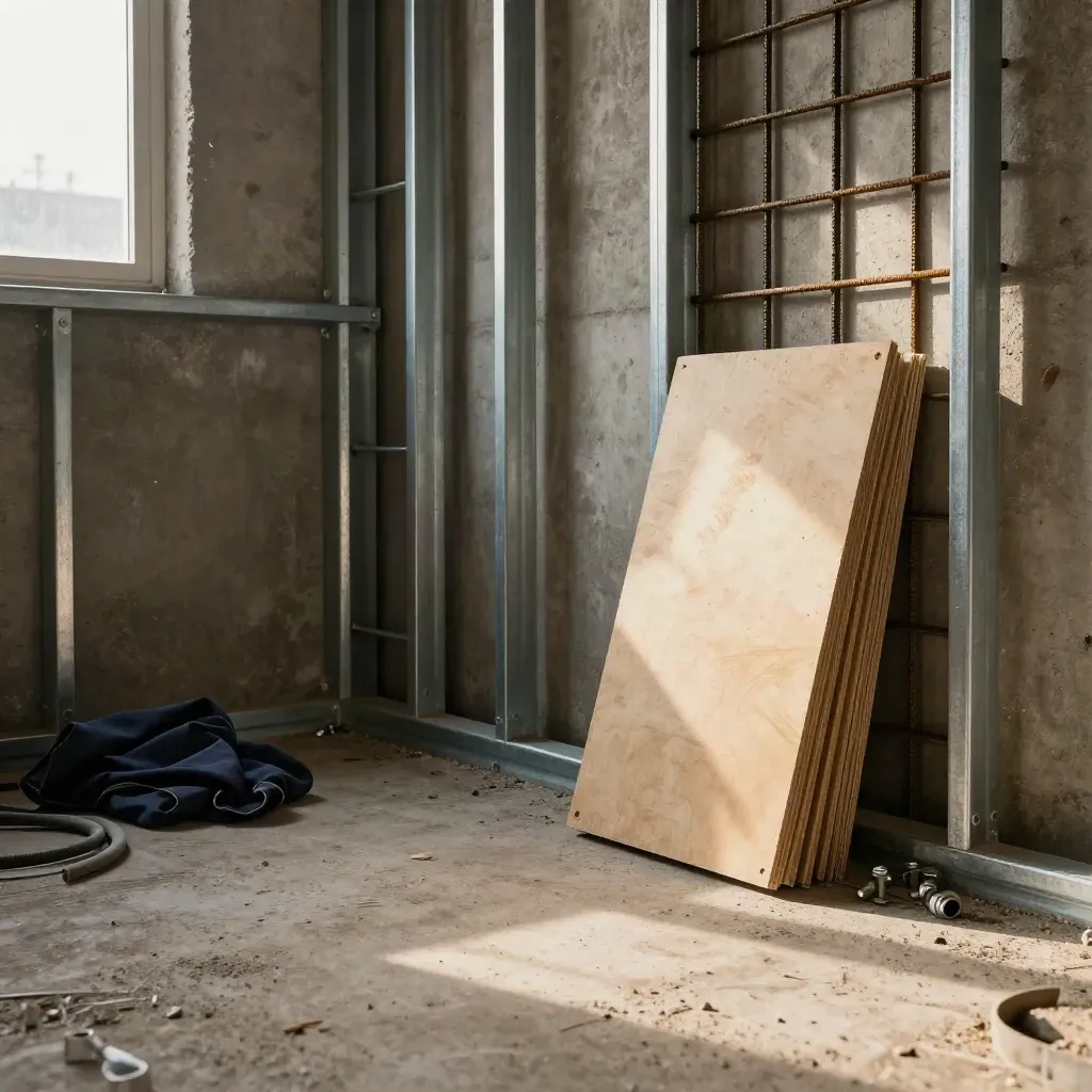 Floor-level view of a safe room shell with steel studs, rebar mesh, and fireboard in warm light.