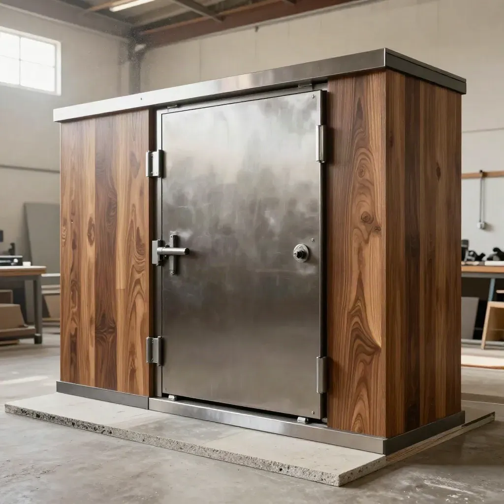 Luxury vault-room mockup with steel door leaf, walnut panels, fire boards, and concrete sample in a bright bay.
