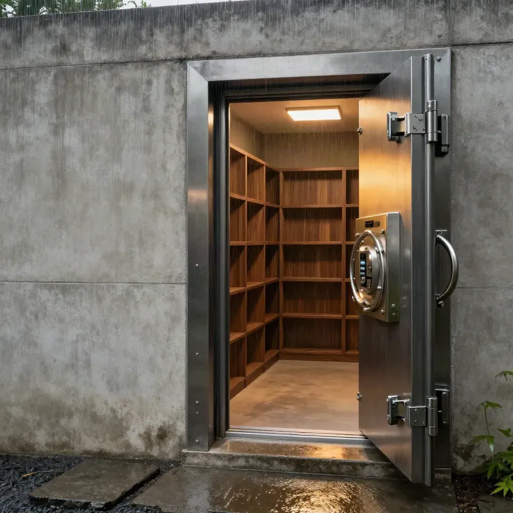 Open vault room with steel door, walnut storage, wet floor, and amber storm light
