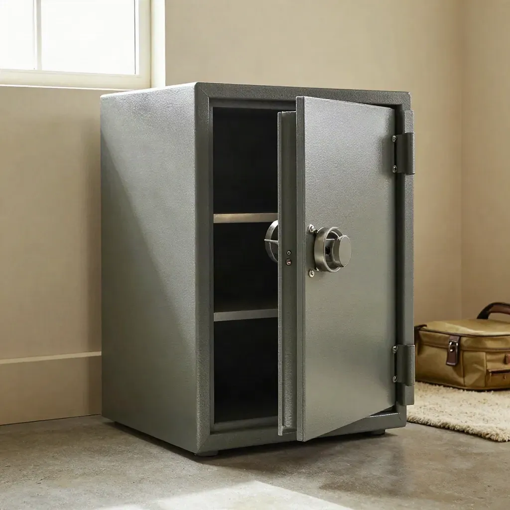 Open matte steel gun safe in a concrete basement with shelving and anchor plates