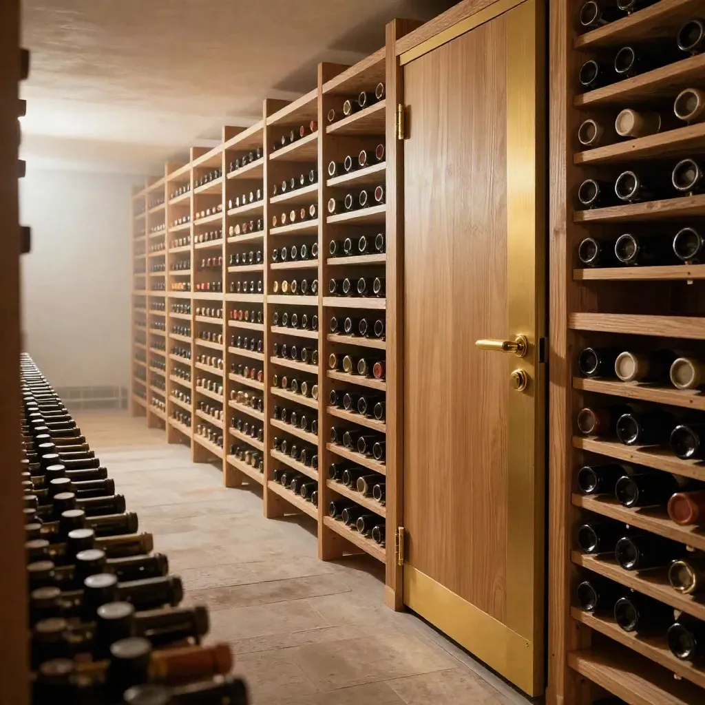 Wine vault aisle with oak racks, unlabelled bottles, brushed gold hardware, and cool mist
