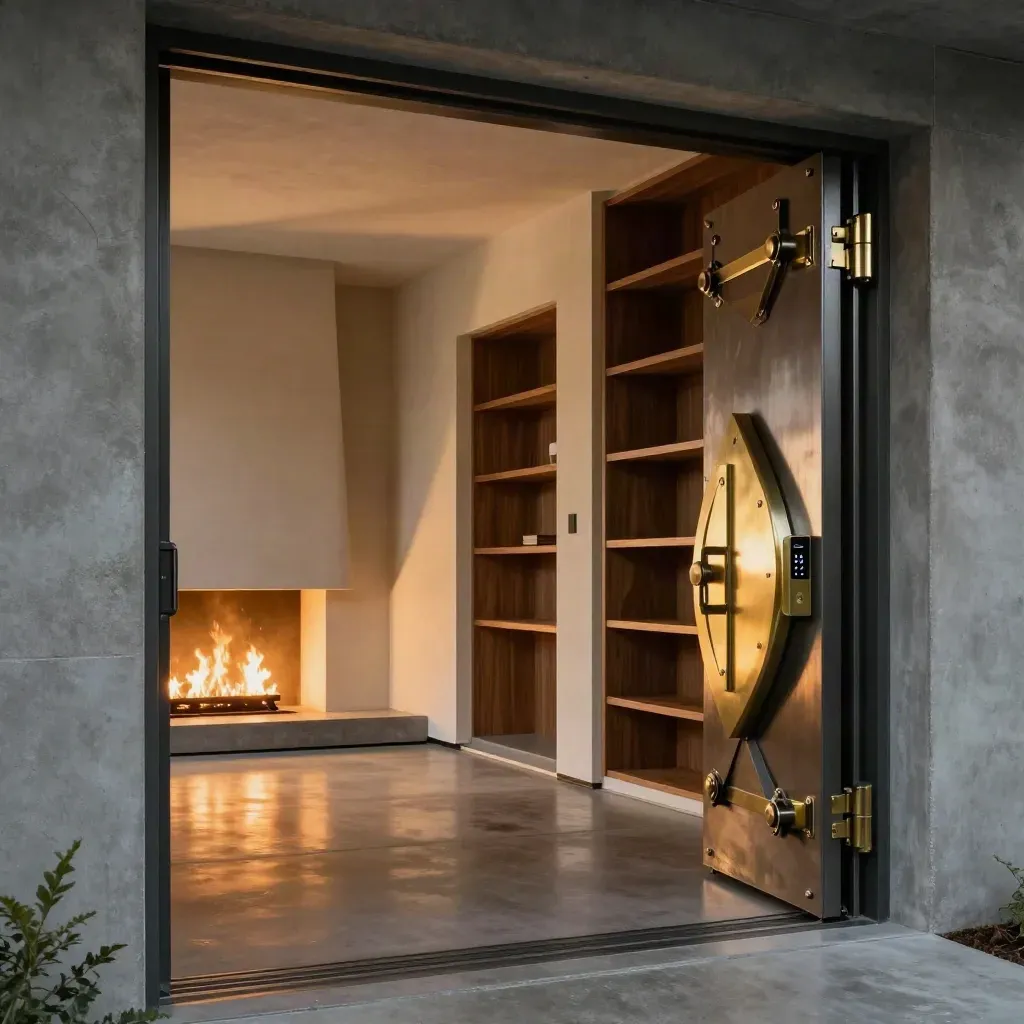 Immaculate home vault room with steel door, walnut shelving, and fire-lined walls