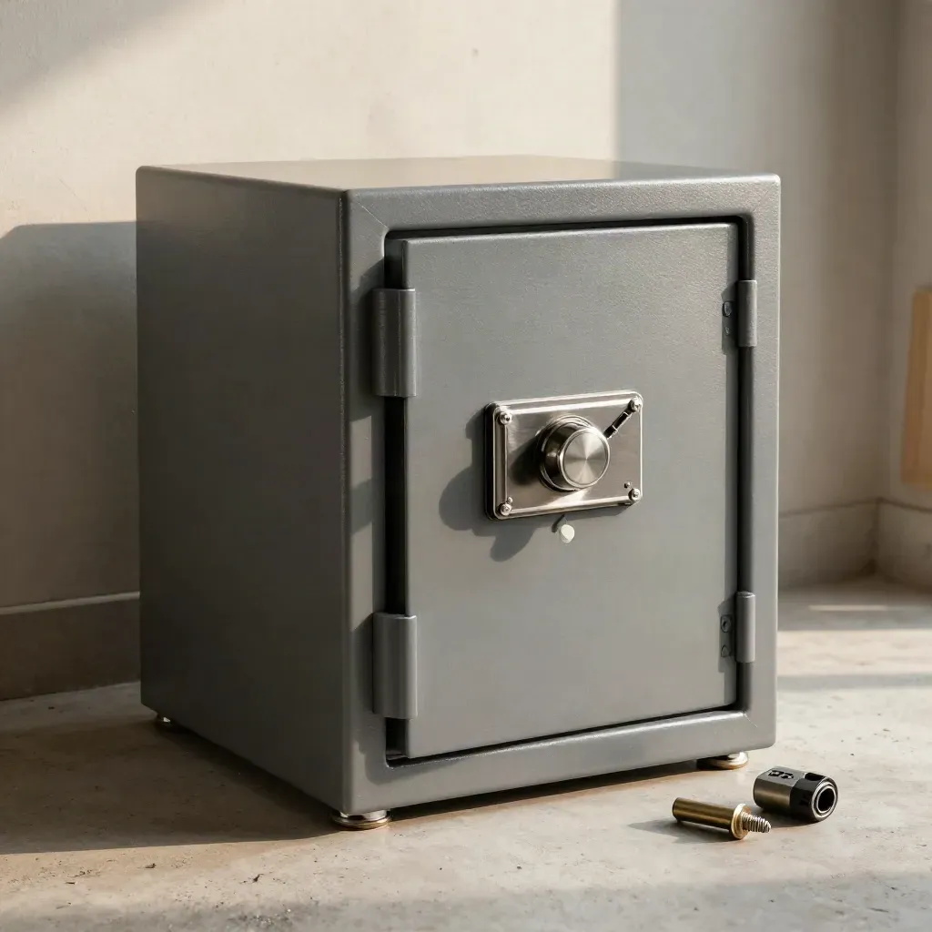 Upgraded gun safe with new lock and anchor hardware on a concrete floor.