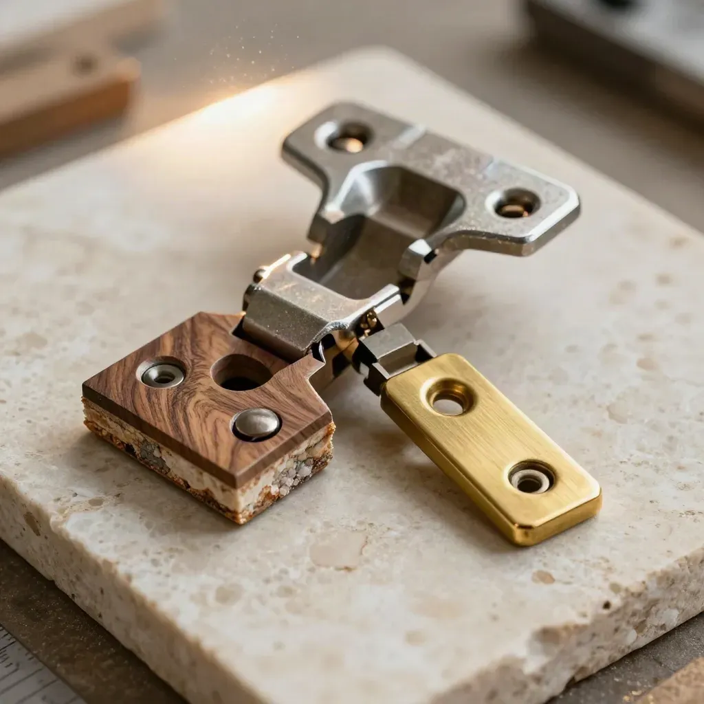 Vault hinge sample with walnut, fireboard and brass on stone in workshop light