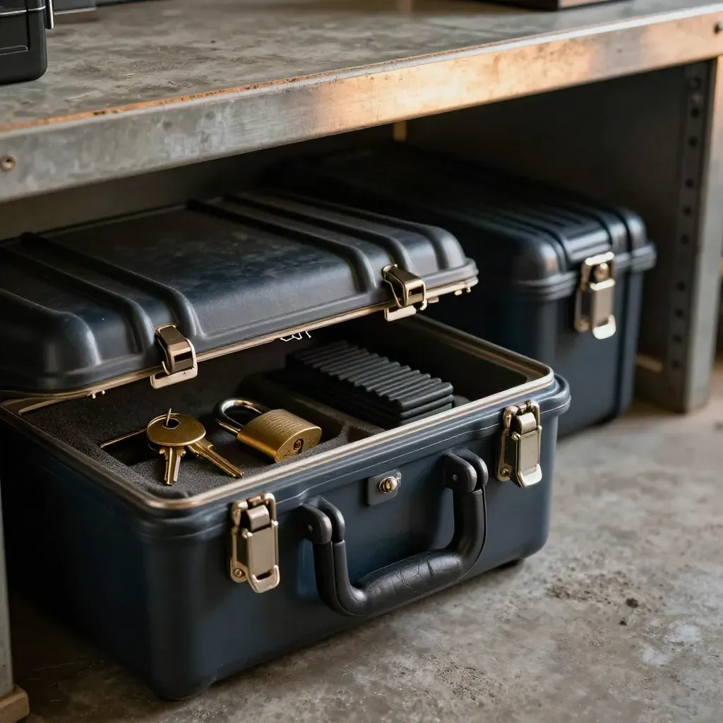 Dispatch kit with hard case, key tags, padlock and door stops on concrete in a vault workshop