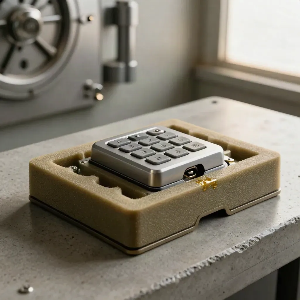 Biometric lock components in foam with steel textures on a concrete service bench.