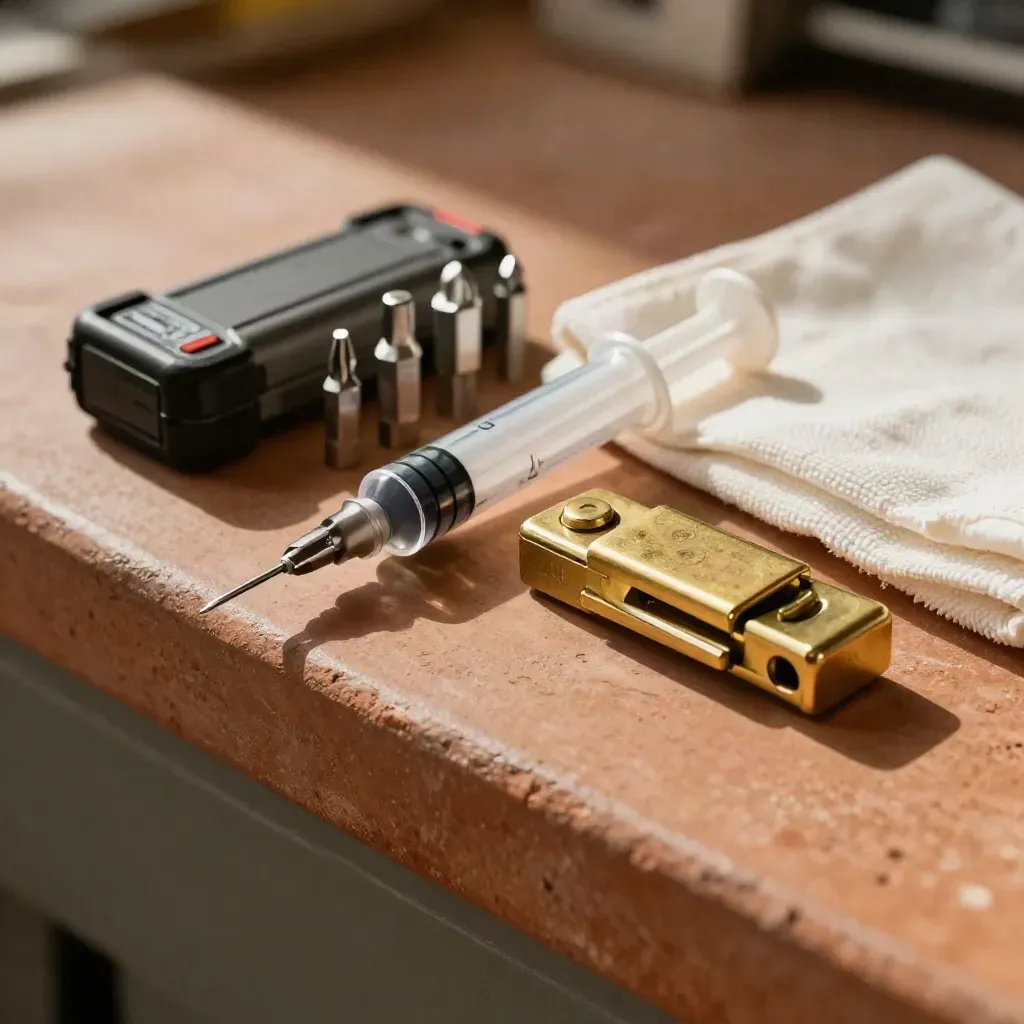 Vault maintenance kit with brass latch, lubricant syringe, hex bits, battery pack and cloth on terracotta ledge.
