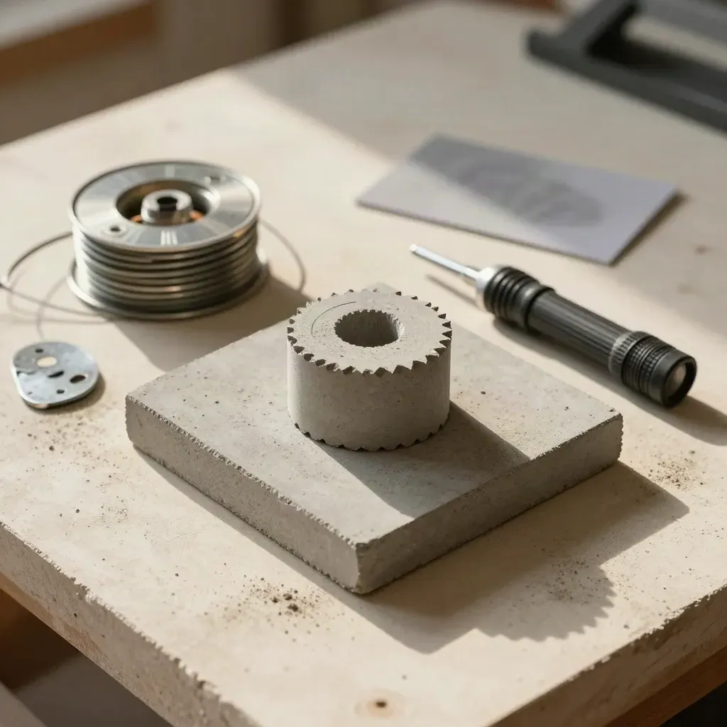 Overhead flatlay of core sample, chalk line reel, steel shims, and flashlight on a pale workbench.