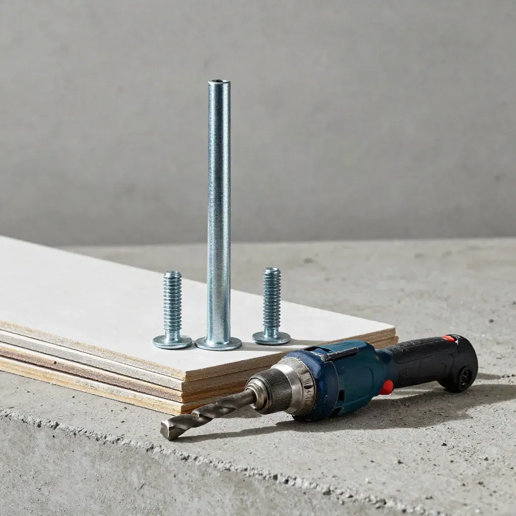 Steel studs, anchor bolts, fireboard offcuts, and a hammer bit on concrete