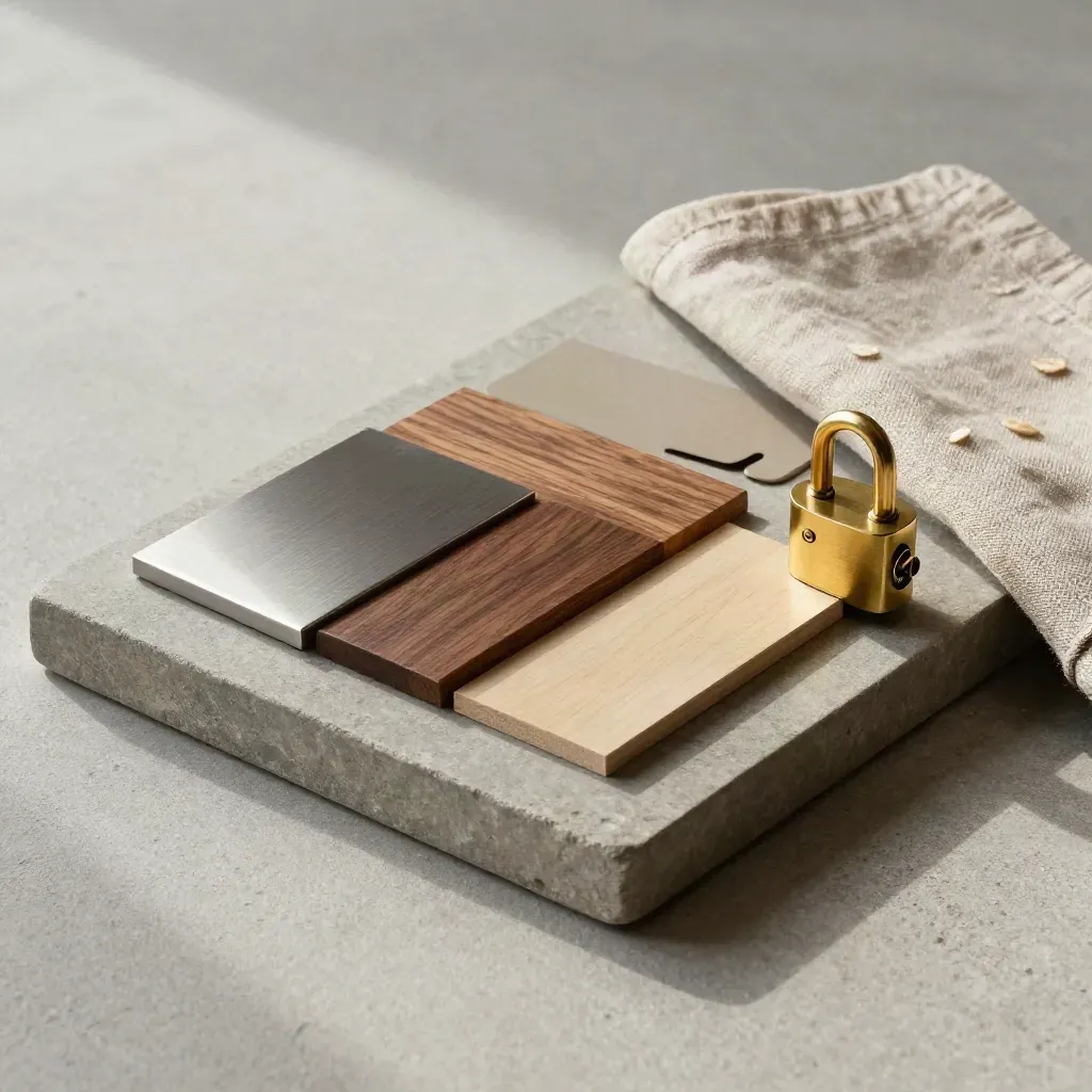 Top-down stone tray with vault material swatches, lock cylinder, brass hardware, and linen cloth.