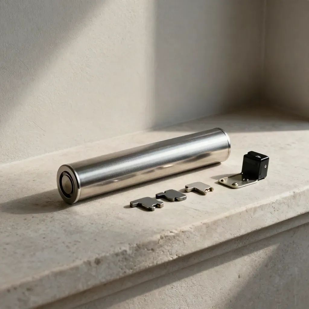 Lock cylinder, key blanks, battery pack and bolt plate on a stone ledge in soft side light