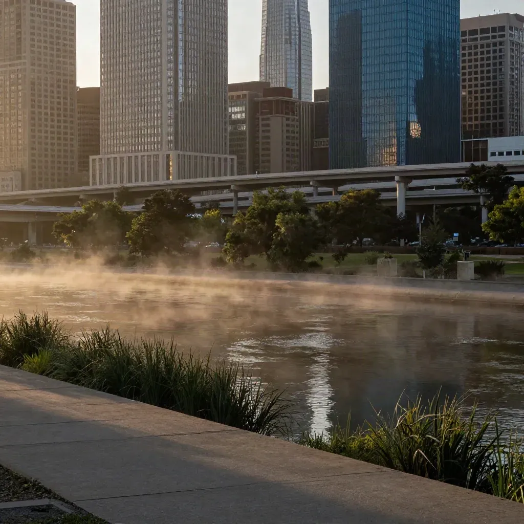 Houston skyline in golden mist above bayou water and roadways, calm space below for copy.
