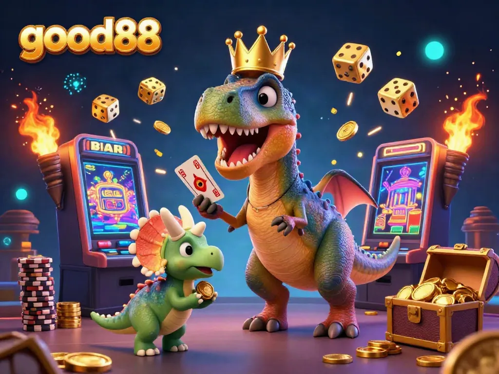 Experience thrilling jackpots and wins with good88 in this vibrant 3D casino scene featuring friendly characters.