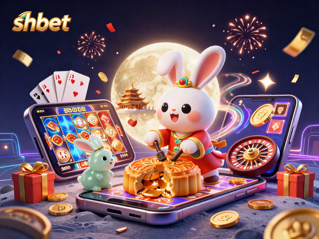 Engage with shbet's thrilling gaming experience featuring animated rabbits and casino elements in a vibrant 3D illustration.