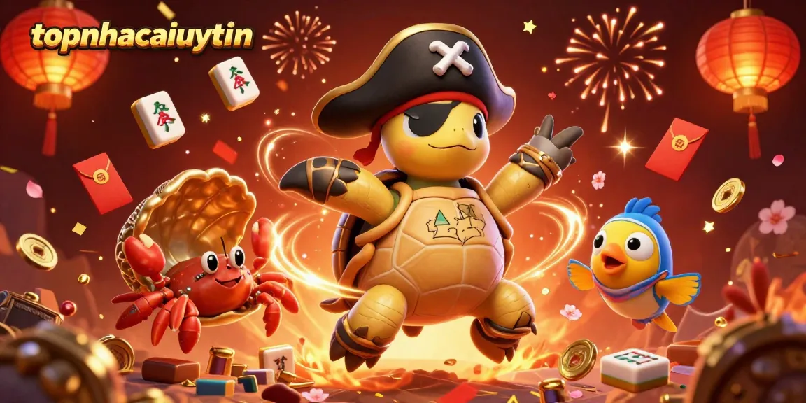 Experience exciting gameplay at topnhacaiuytinn, where a vibrant scene captures a turtle, crab, and parrotfish celebrating over treasures.