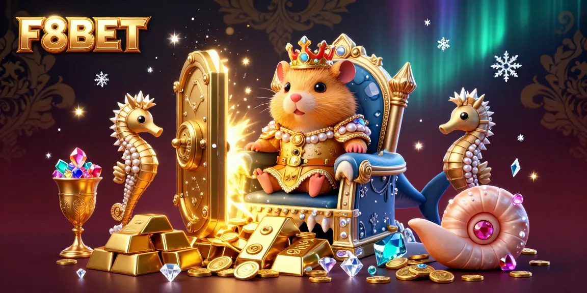 Experience F8BET's vibrant casino journey with a golden hamster king on a megalodon throne amidst treasure.