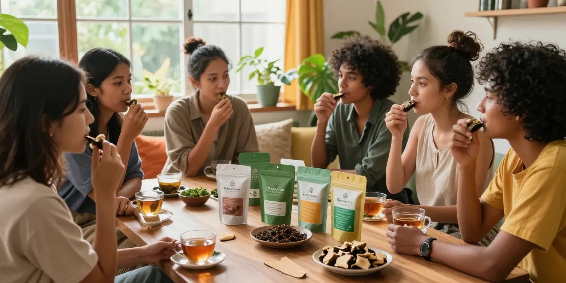 Friends enjoying green maeng da kratom products in a cozy home setting, surrounded by herbal teas and plants.