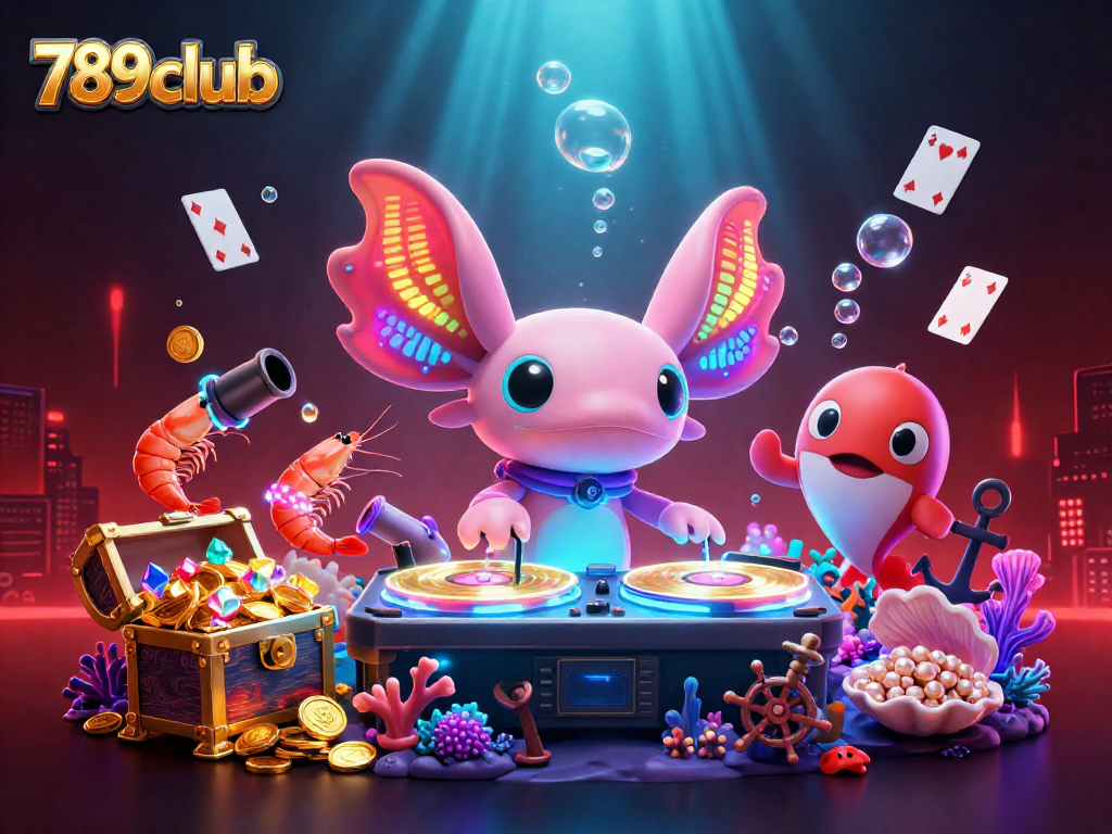 Experience the vibrant underwater world of 789club with energetic characters celebrating casino gaming.