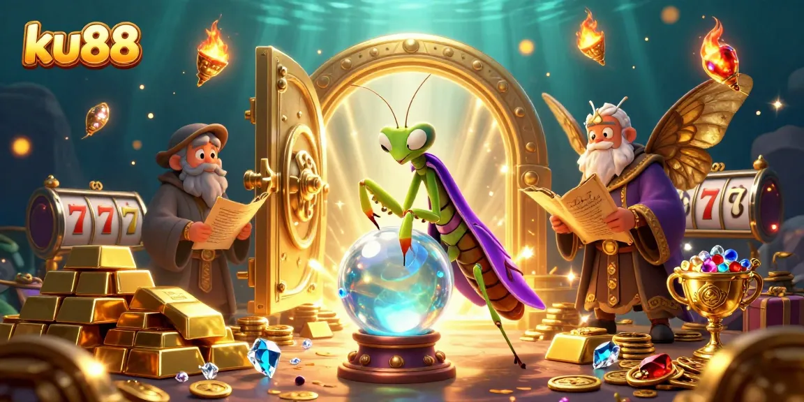 Experience the magic of ku88 with a 3D illustration of a fortune teller and treasures.