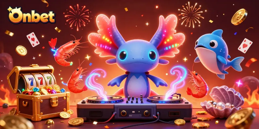 Onbet showcases exciting gameplay with a vibrant DJ axolotl and slot elements in a dynamic casino environment.