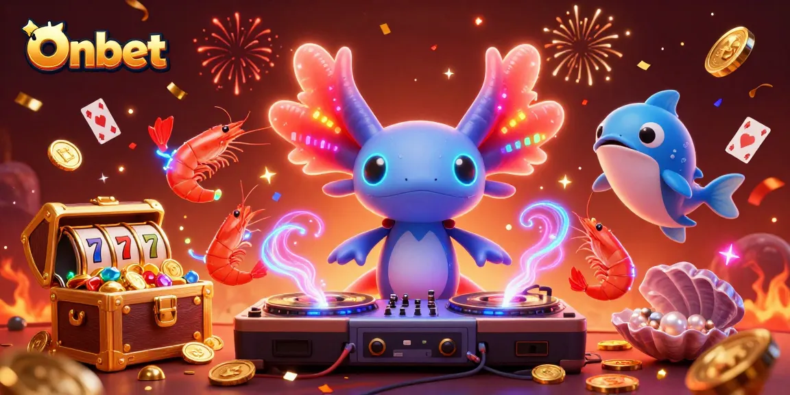 Onbet showcases exciting gameplay with a vibrant DJ axolotl and slot elements in a dynamic casino environment.