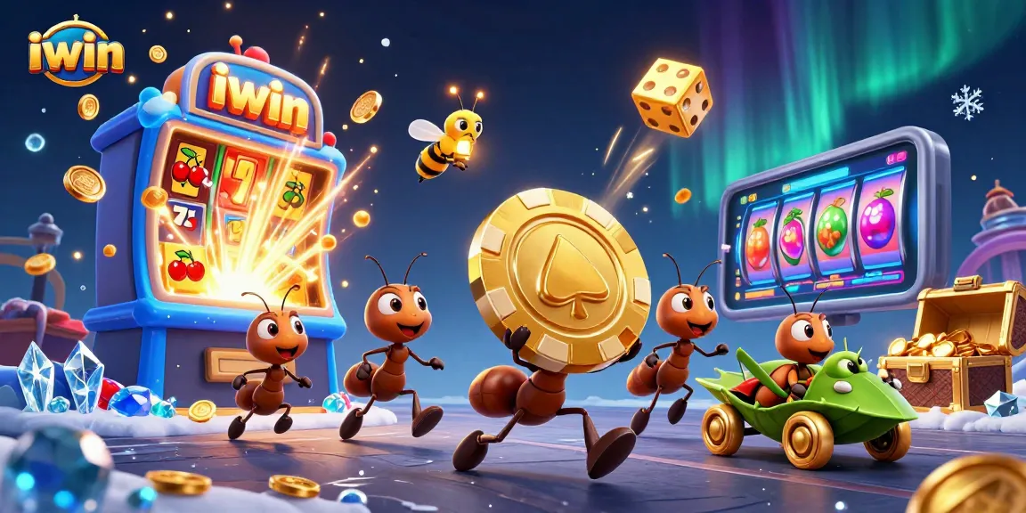 iwin illustrates an adventurous team of ants embarking on a casino heist with golden poker chips.