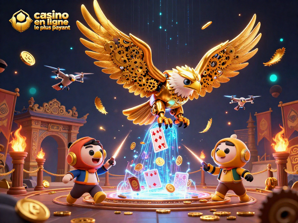 Plonger dans l'univers du casino en ligne le plus payant avec un aigle cybernétique parmi des cartes holographiques.