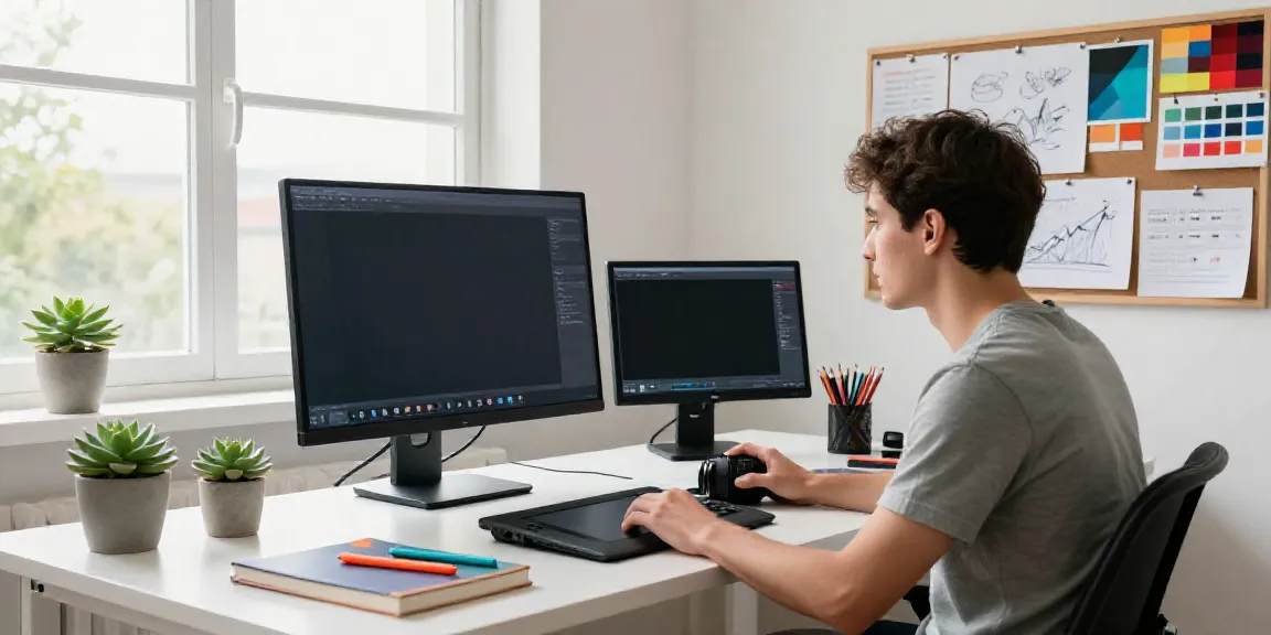 Workspace with designer using an affordable AI visual content generator to create innovative designs.