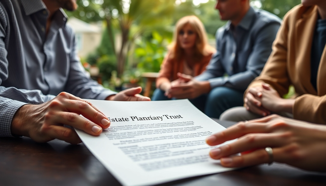 Discussing Testamentary Trusts with a family around an estate planning document in a serene garden setting.