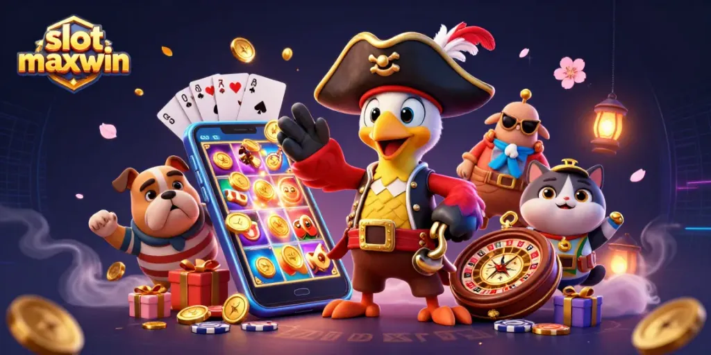 Playing with slot maxwin features, pirate-themed characters engage in a vibrant casino scene
