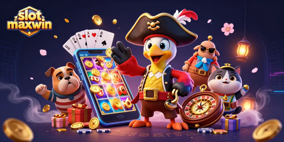 Playing with slot maxwin features, pirate-themed characters engage in a vibrant casino scene