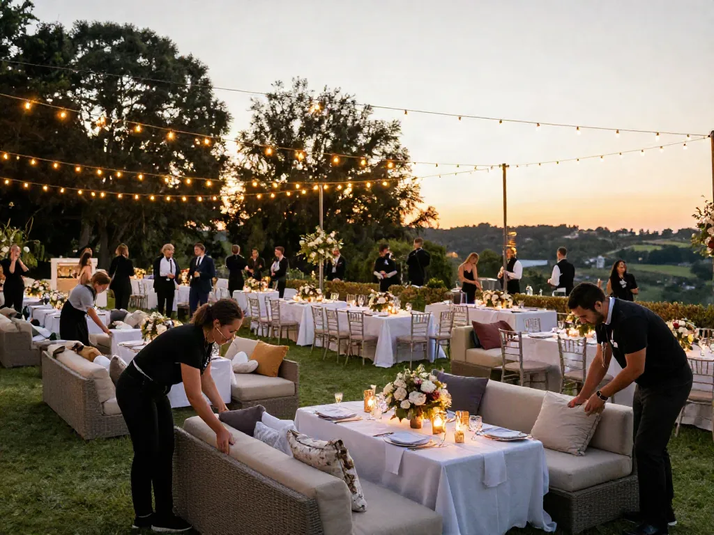 Event furniture rental setup for a stunning outdoor evening gathering with elegant lounge and dining arrangements.