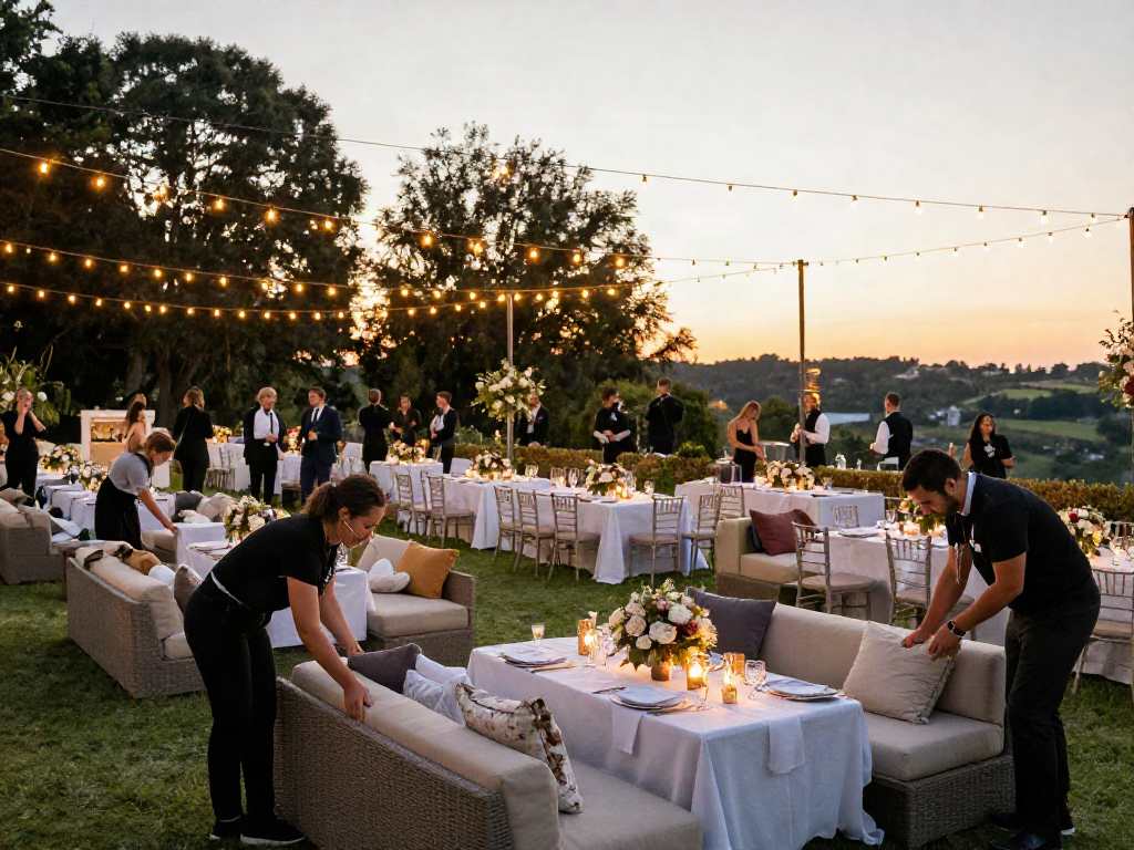 Event furniture rental setup for a stunning outdoor evening gathering with elegant lounge and dining arrangements.