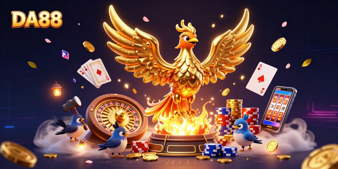 Experience thrilling gameplay at DA88 with a majestic phoenix emerging amid gold coins and casino elements.