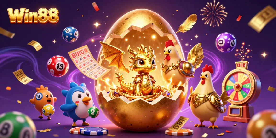 Win88 showcases a vibrant casino scene featuring a golden dragon, poker chips, and lottery elements.