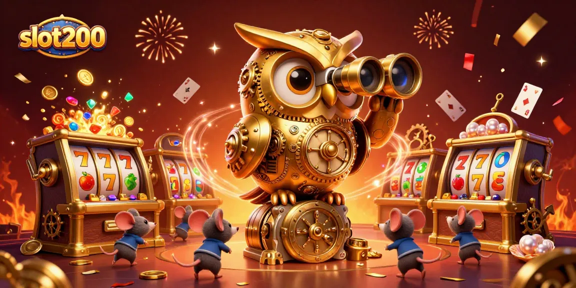 Experience the thrill of slot200 with a golden owl surveying a vibrant casino scene of slots and treasures.