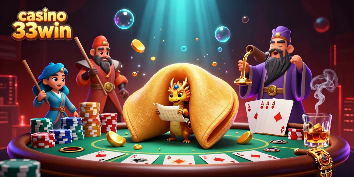 Engage with casino 33win's vibrant gaming scene featuring a fortune cookie and poker elements.