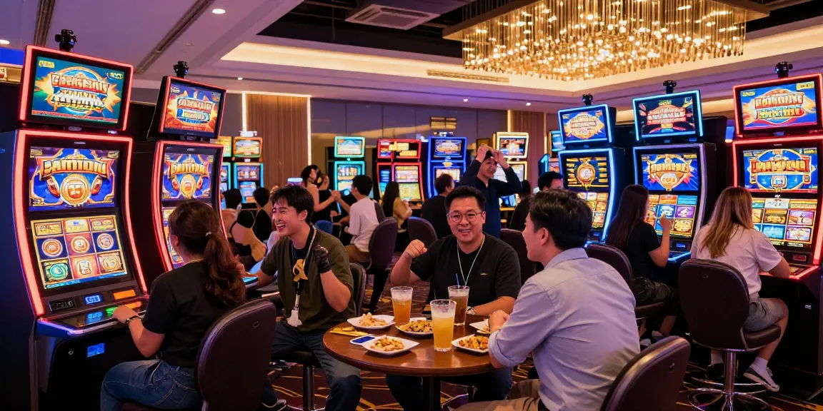 Excited players at a casino exploring slot gacor machines under vibrant lights.