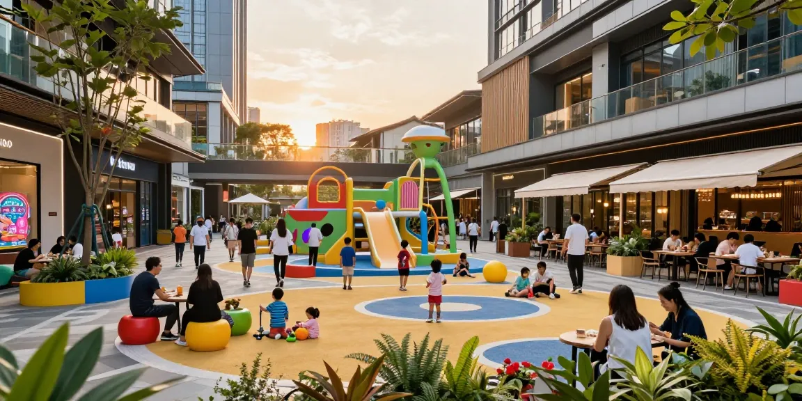 Vibrant entertainment space at www.mgoldproperties.com showcasing families enjoying activities and dining in a modern urban setting.