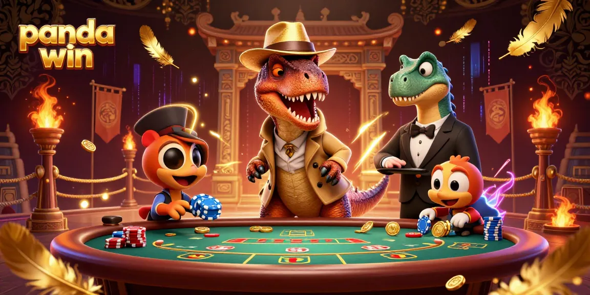 Panda win brings a dynamic gambling scene with vibrant dinosaurs at a blackjack table, showcasing excitement.